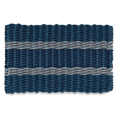 Lobster Rope Doormats, Outdoor Door Mats, Wicked Good Door Mats Made in Maine, Navy with 2 Silver Stripes